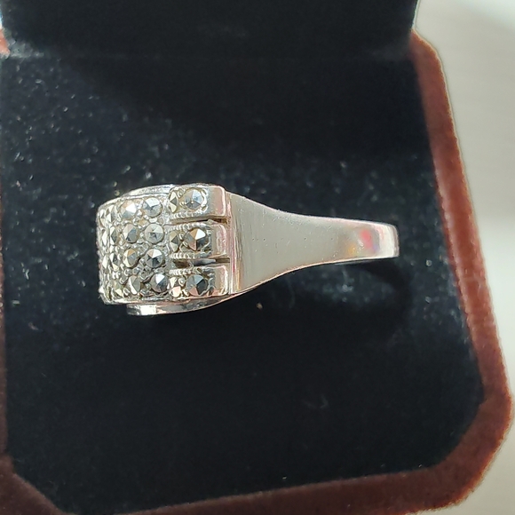 Art Deco German 935 Silver Marcasite Cocktail Ring Size 7 - Picture 7 of 17